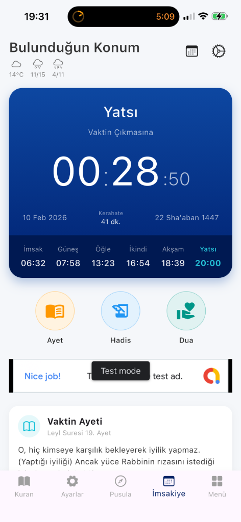 İmsak Vakti Uygulama Ekranı